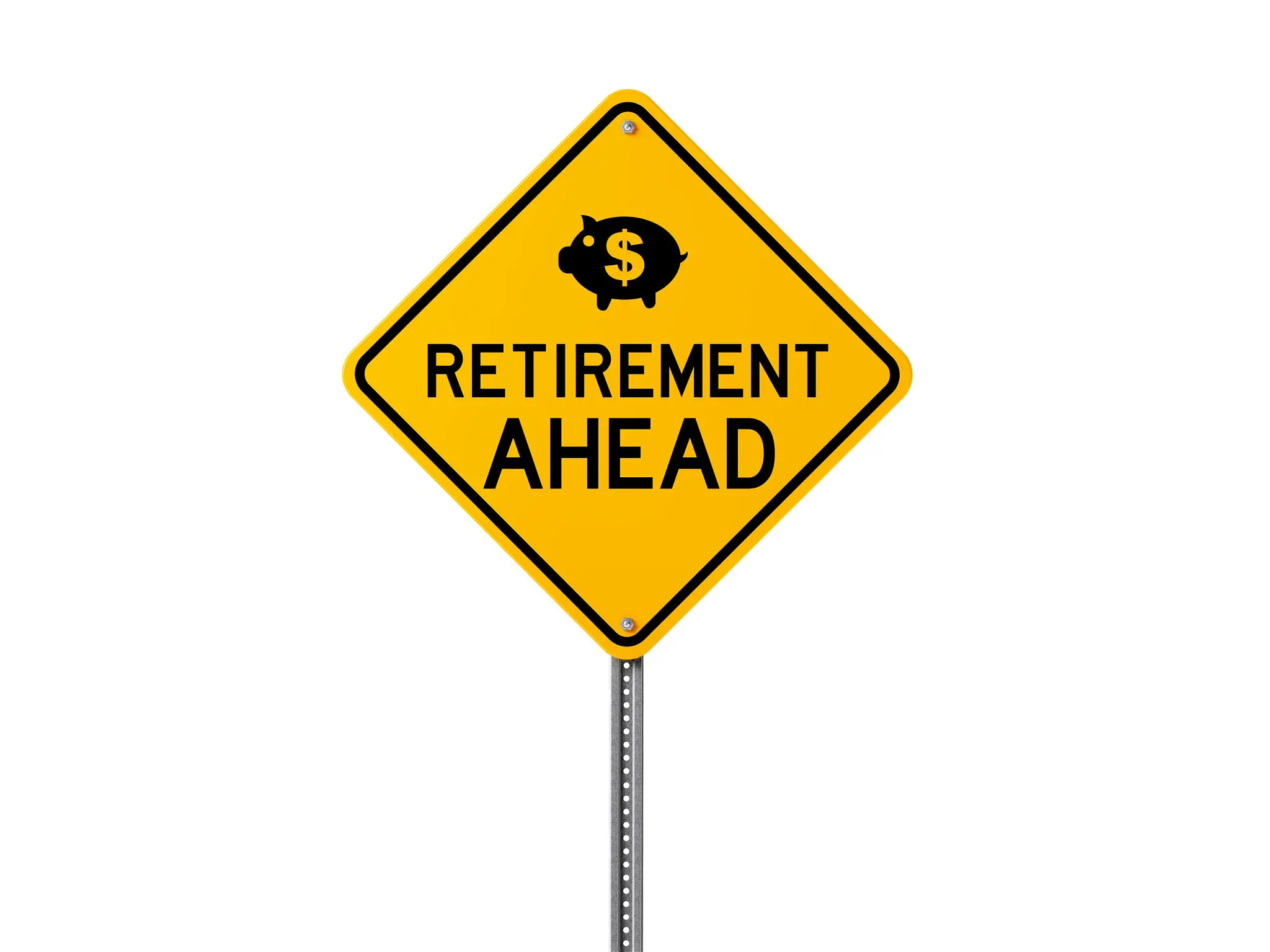 Yellow road sign with a piggy bank and 'Retirement Ahead' text.