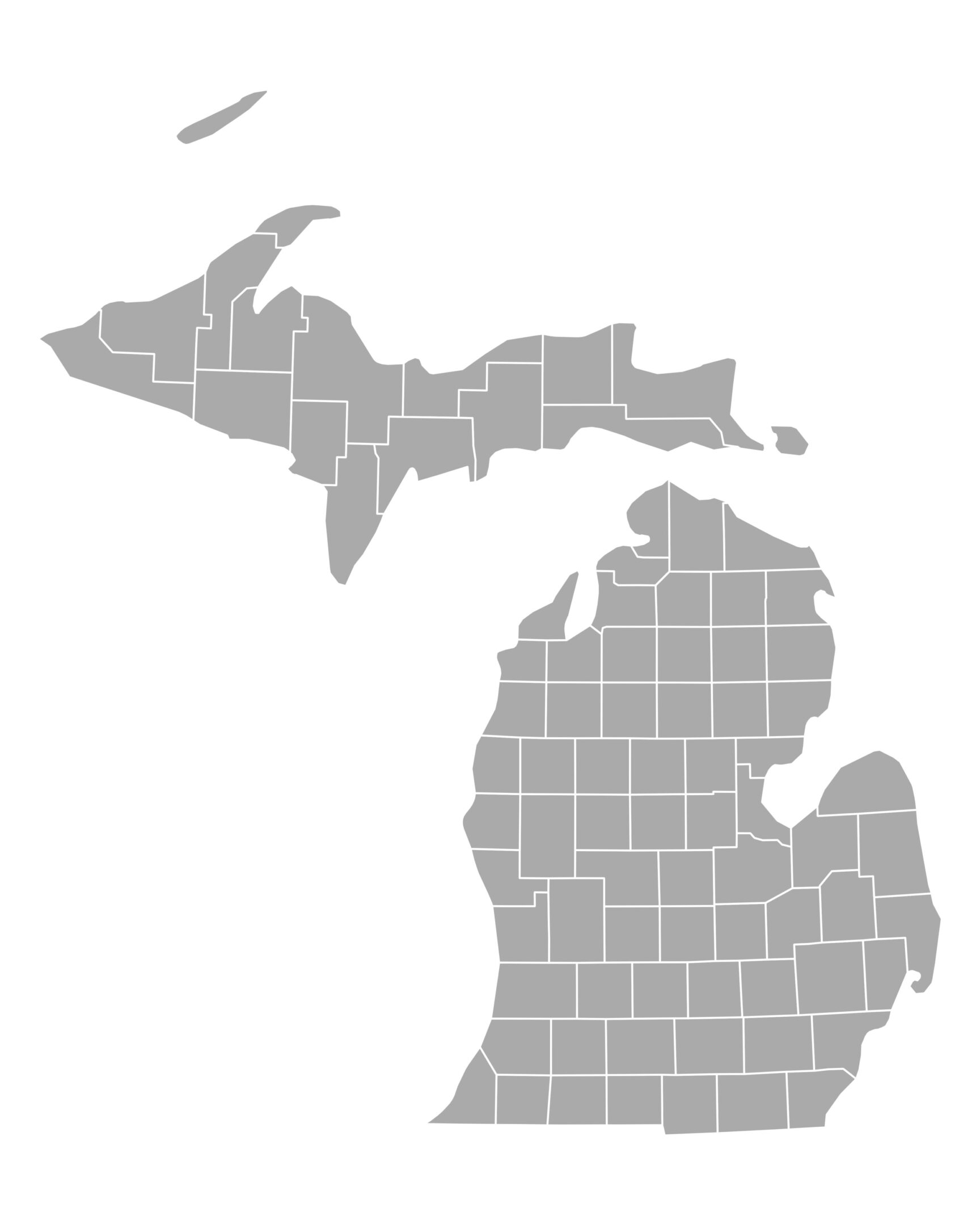 Map showing Michigan's Upper and Lower Peninsulas divided by counties.