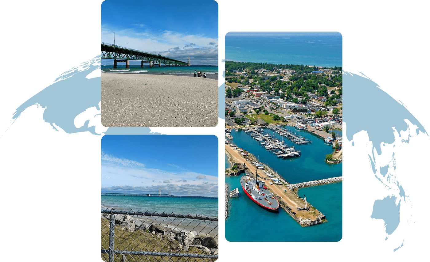 Aerial and ground views of a large pier and waterfront area on a clear day.