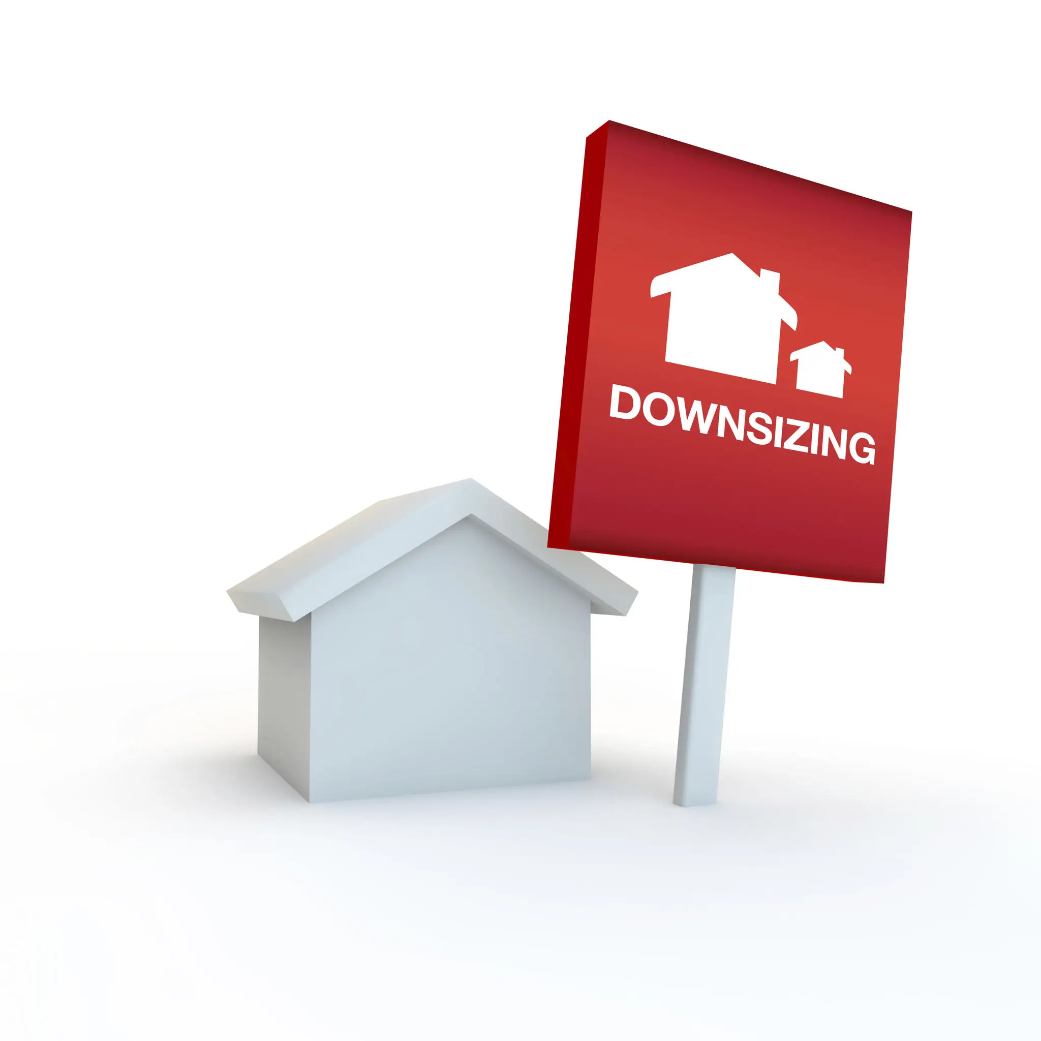 Small house model with a downsizing sign beside it.