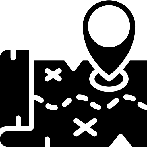 Icon of a treasure map with a location pin and path.